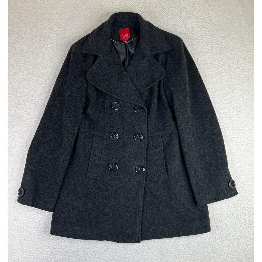 Esprit Coat Womens Large Gray Wool Pea‎ Coat Double Breasted Lined Classic